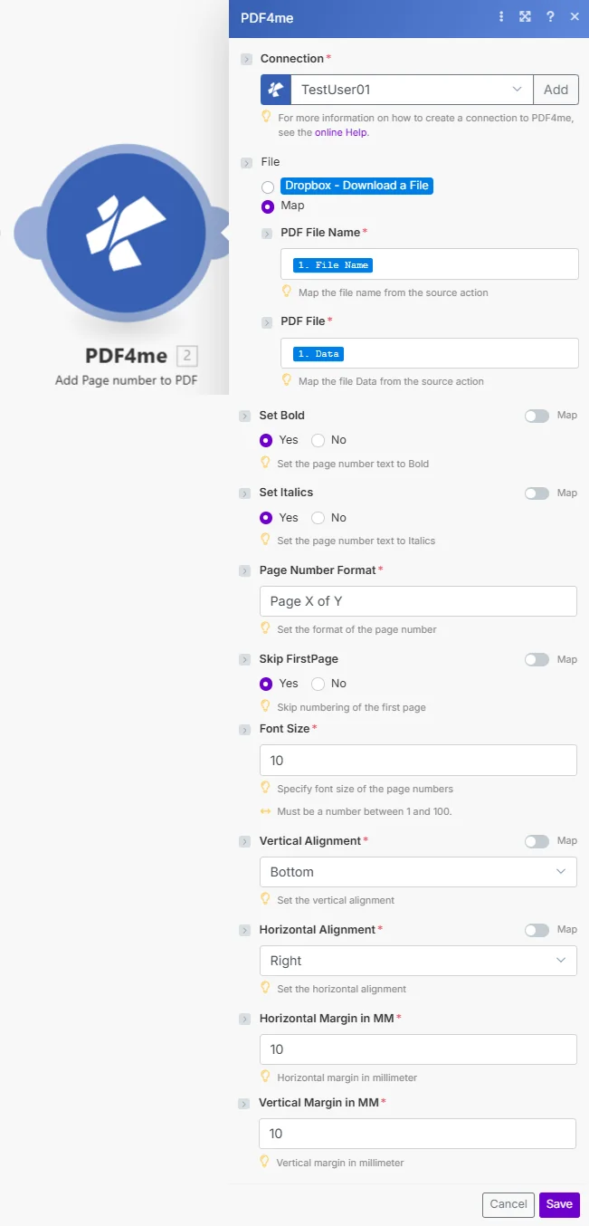 Clique para ampliar Crie um módulo para adicionar número de página ao PDF no PDF4me, exibindo as opções Conexão, Nome do Arquivo PDF, Arquivo PDF, Negrito, Itálico, Formato do Número de Página definido como Página X de Y, Ignorar Primeira Página definido como Sim, Tamanho da Fonte 10, Alinhamento Vertical Inferior, Alinhamento Horizontal à Direita